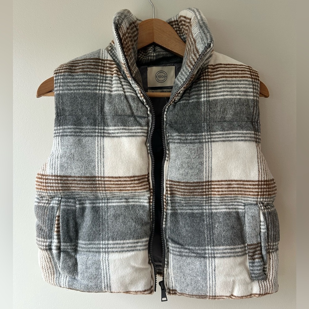 Stoosh Gray and Brown Plaid cropped fleece vest